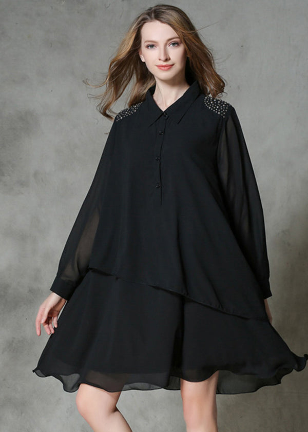 DIY Black Asymmetrical Design Rivet Chiffon A Line Dresses Spring LY0288