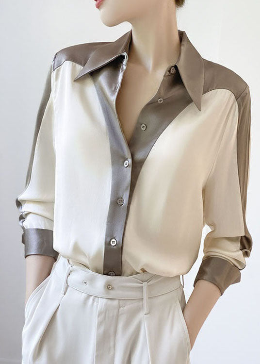 DIY Colorblock Peter Pan Collar Patchwork Silk Shirt Spring LY0350