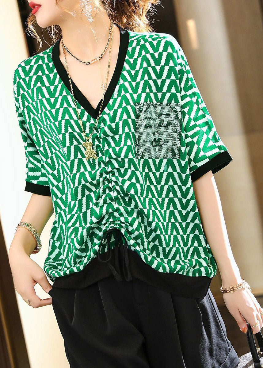 DIY Green V Neck Striped T Shirt Summer LY1550