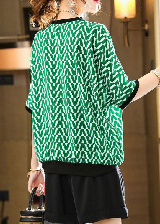 DIY Green V Neck Striped T Shirt Summer LY1550