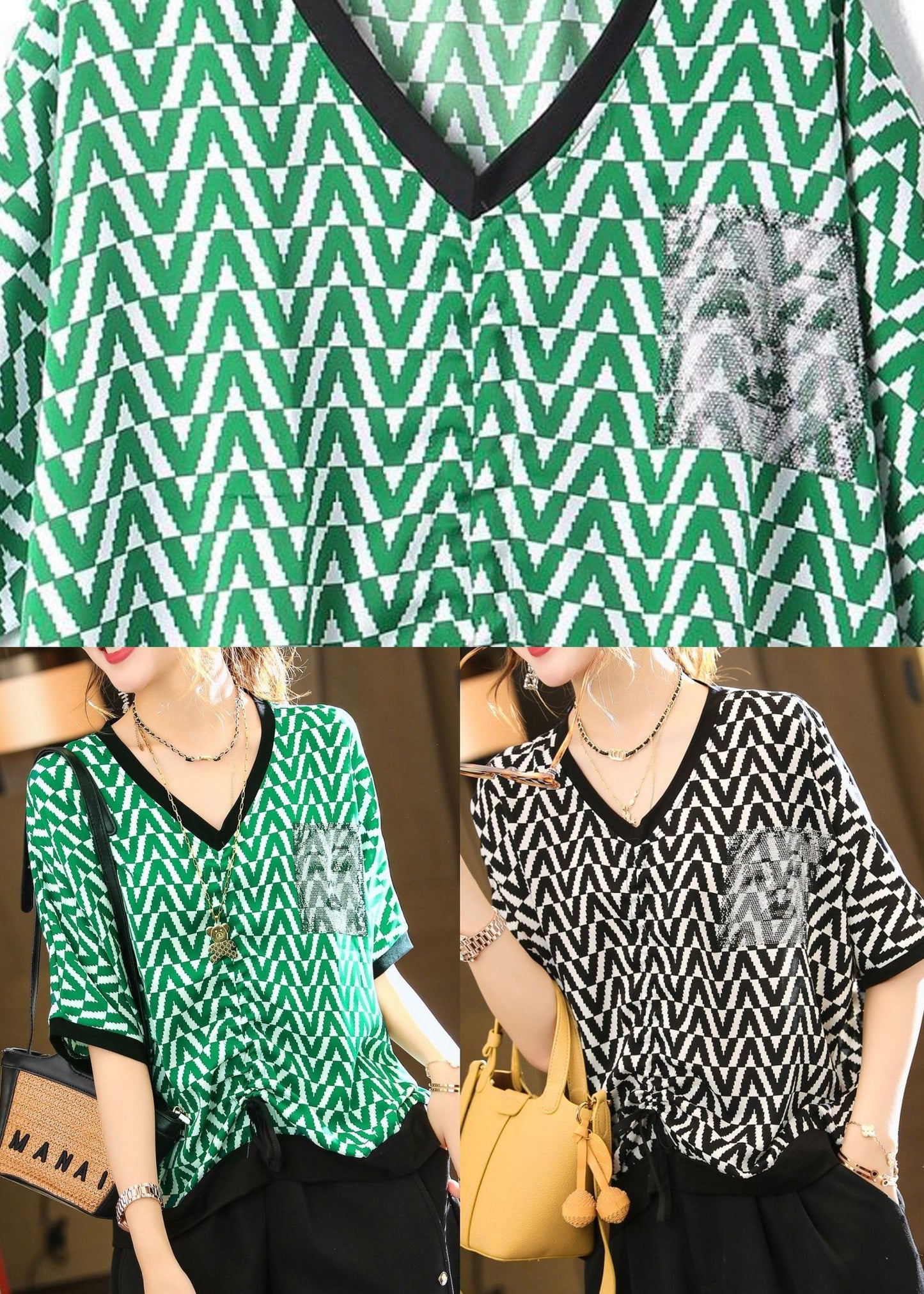 DIY Green V Neck Striped T Shirt Summer LY1550