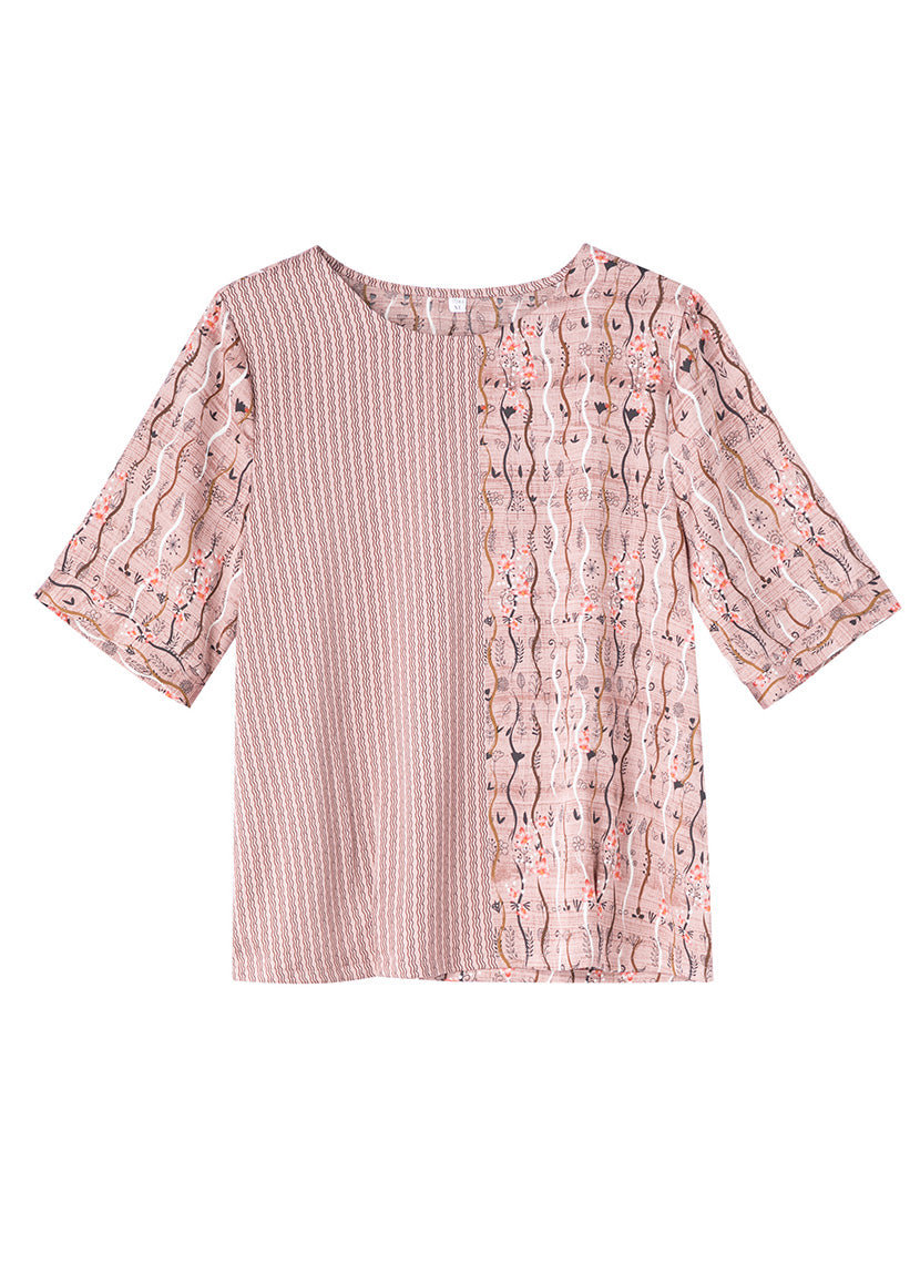 DIY Pink Print Striped Patchwork Silk T Shirt Short Sleeve LY0366