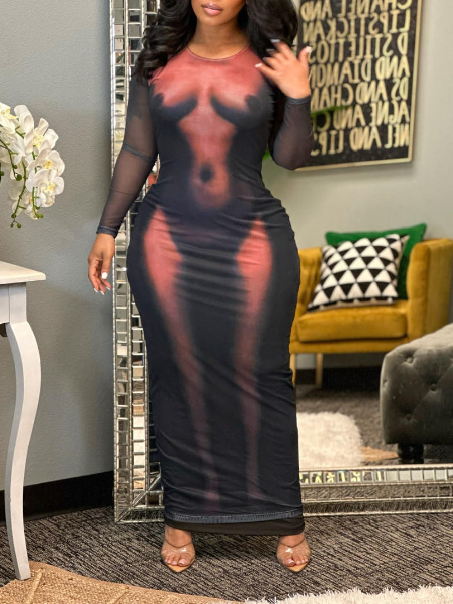 Round Neck Body Print Bodycon Dress AR5071