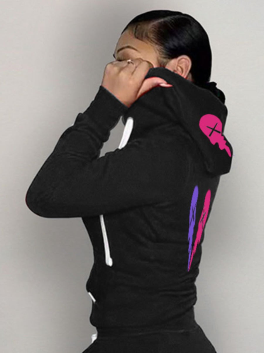 Hooded Collar Broken Heart Print Tracksuit Set AT9050