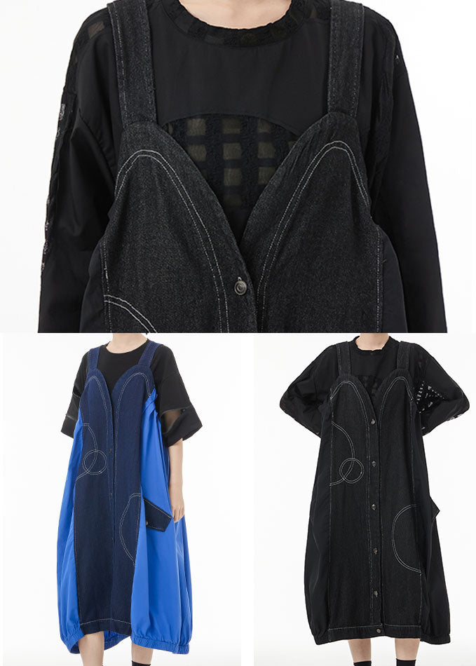 Denim Blue Patchwork Cotton Strap Dress Oversized Summer LC0150