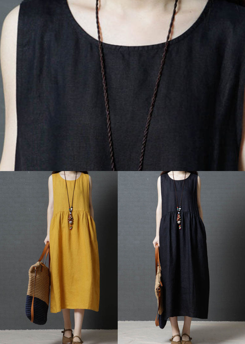 Diy Black O Neck Wrinkled Patchwork Cotton Dress Sleeveless LC0439