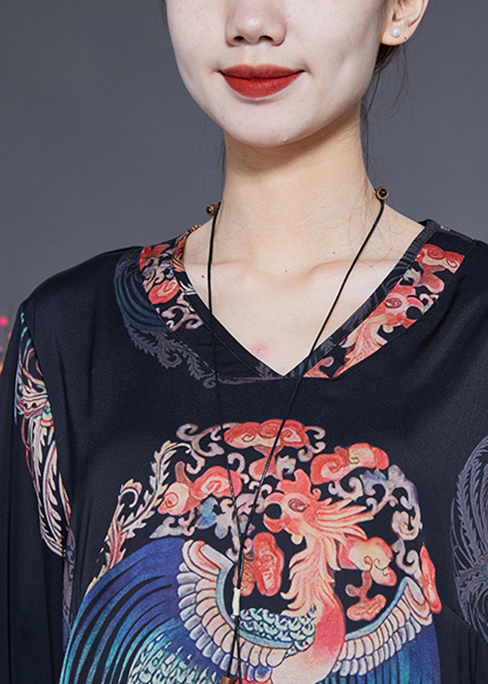 Diy Black V Neck Print Side Open Silk Dresses Bracelet Sleeve LY1828