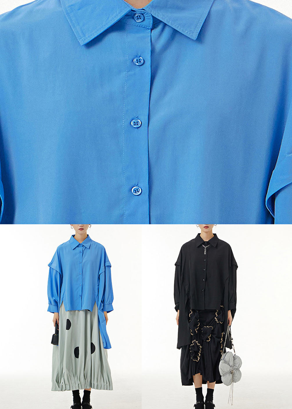 Diy Blue Asymmetrical Patchwork Cotton Shirts Batwing Sleeve LY1173