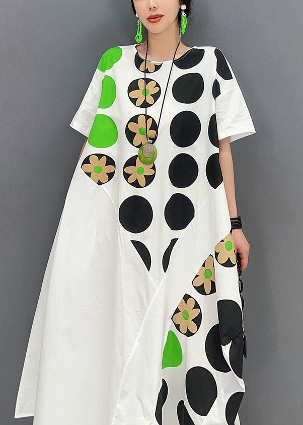 Diy White Oversized Patchwork Dot Print Cotton Party Dress Short Sleeve LY0577