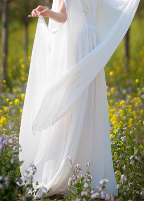 Diy White V Neck Wrinkled Patchwork Chiffon Dresses Summer LY1693