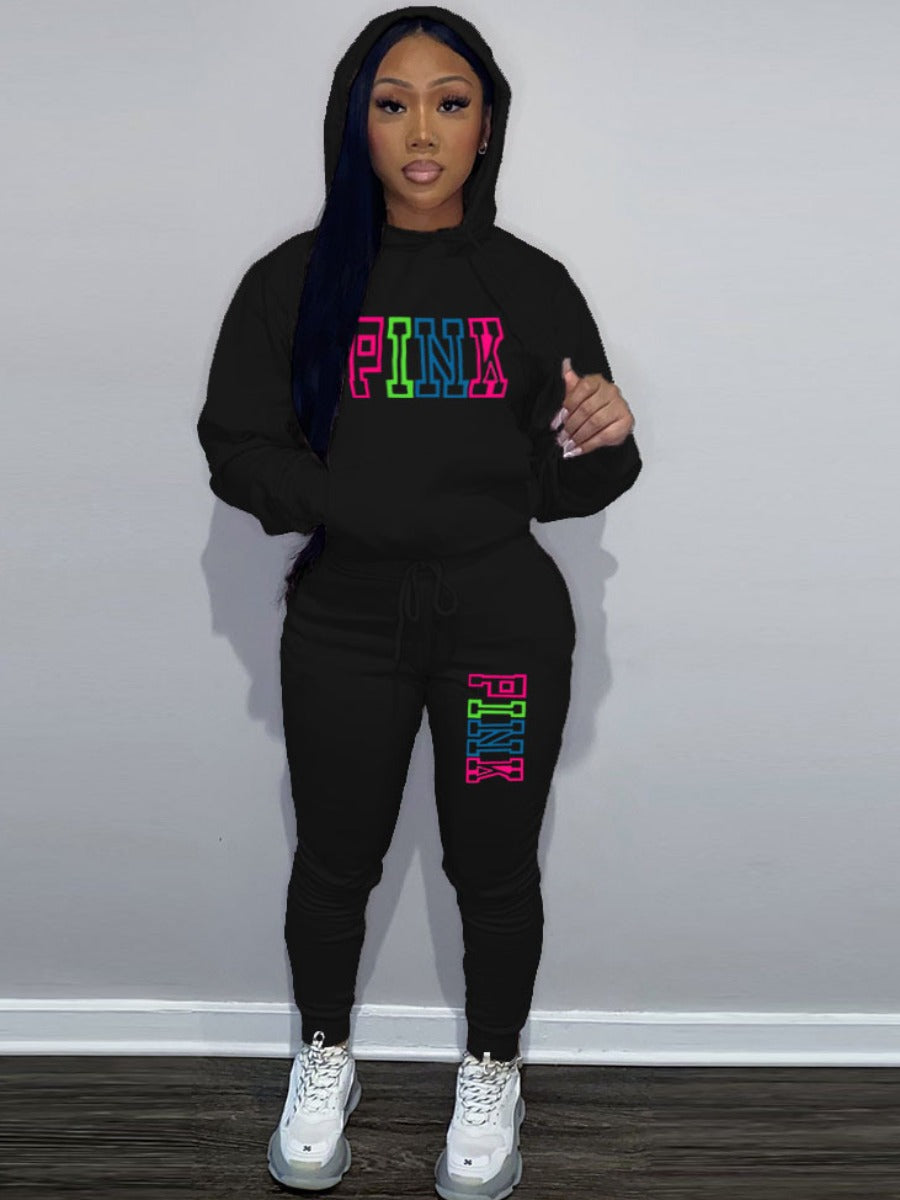 Plus Size Pink Letter Print Pants Set AR5051