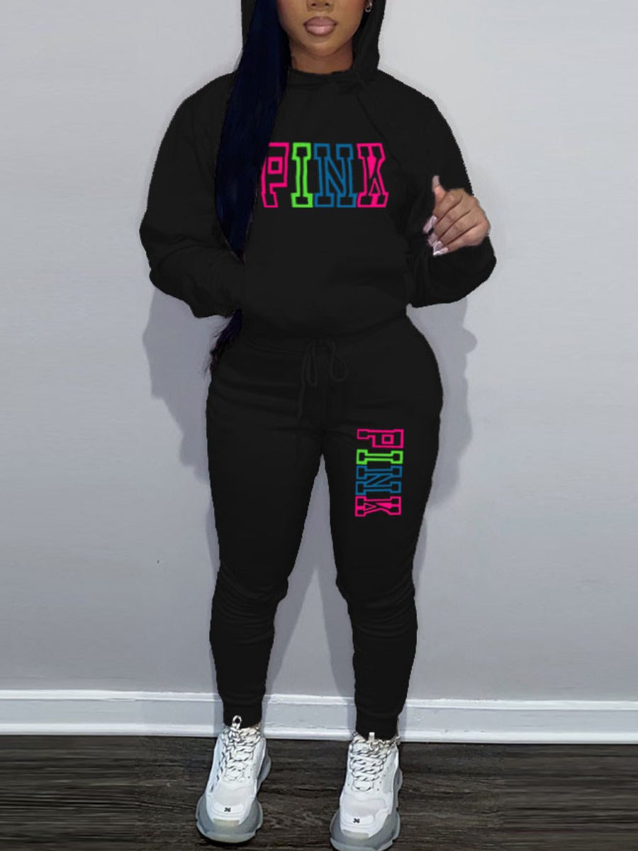 Plus Size Pink Letter Print Pants Set AR5051