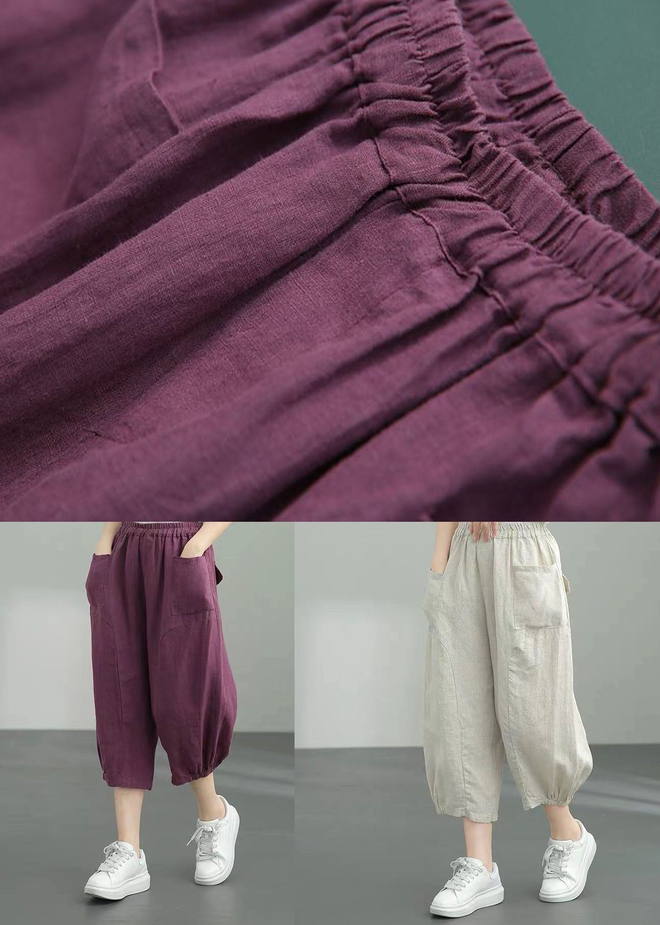Elegant Beige Pockets Patchwork Linen Lantern Pants Summer LY0594