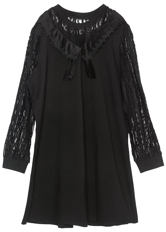 Elegant Black Oversized Lace Patchwork Hollow Out Spandex Dress Spring LY0304