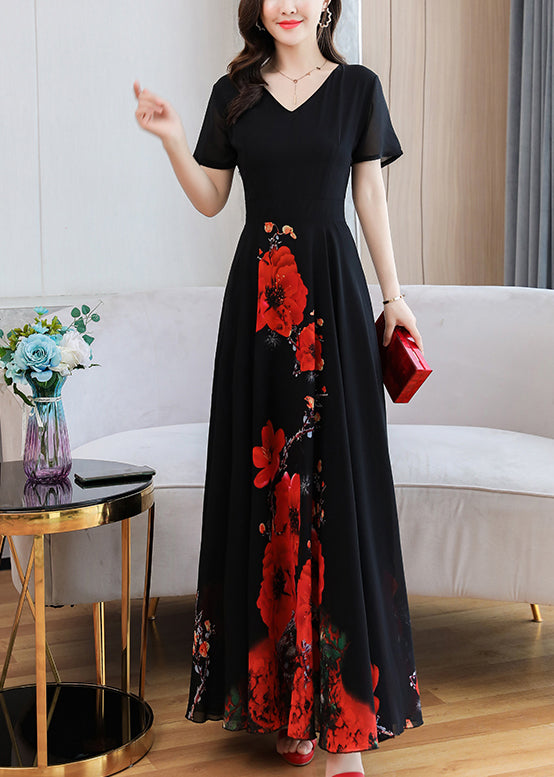 Elegant Black Print Chiffon Maxi Holiday Dress Summer LY1705