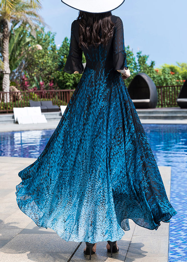 Elegant Blue O-Neck Print Party Chiffon Long Dress Half Sleeve LY1776