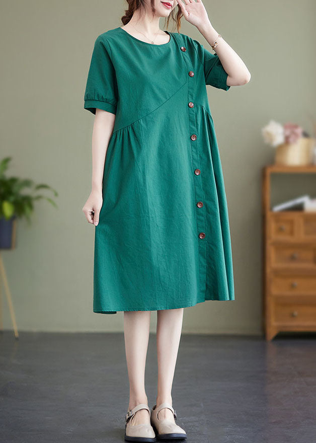 Elegant Green Patchwork Wrinkled Button Cotton Vacation Dresses AC2024