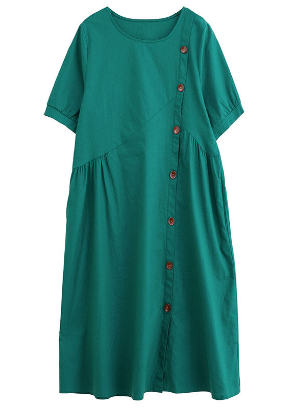 Elegant Green Patchwork Wrinkled Button Cotton Vacation Dresses AC2024