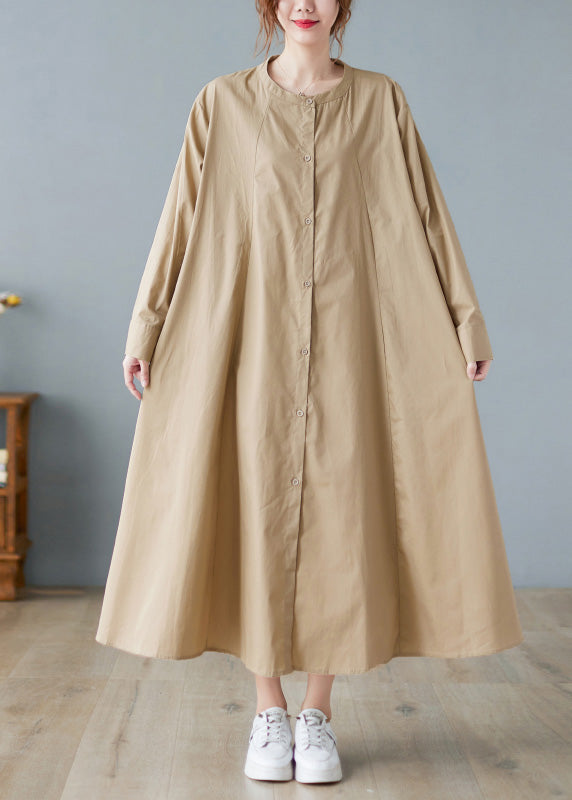 Elegant Khaki O-Neck Button Cotton Long Shirts Dress Long Sleeve AC2055