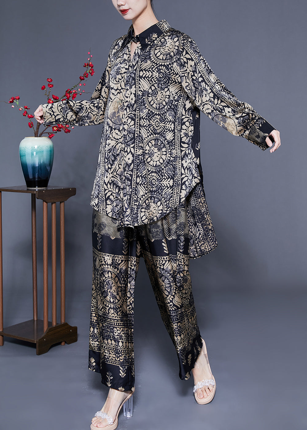 Elegant Oversized Low High Design Print Silk Two Pieces Set Spring LC0410