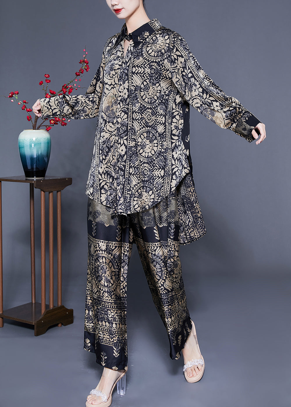 Elegant Oversized Low High Design Print Silk Two Pieces Set Spring LC0410