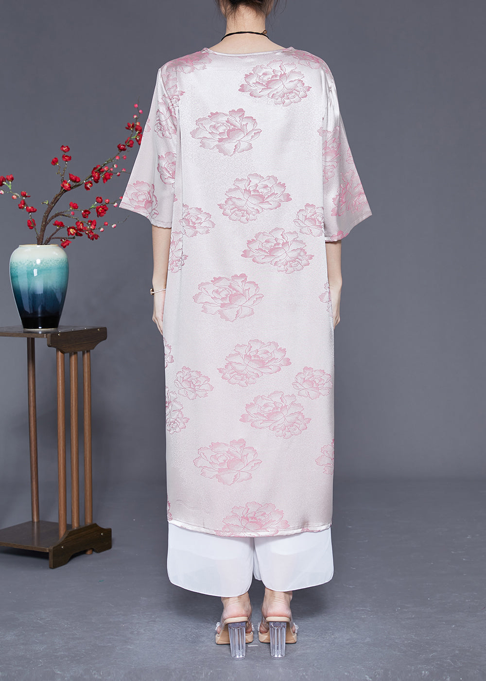 Elegant Pink O-Neck Print Tassel Silk Long Dress Half Sleeve LY1832