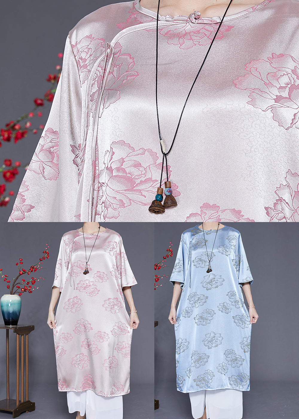 Elegant Pink O-Neck Print Tassel Silk Long Dress Half Sleeve LY1832