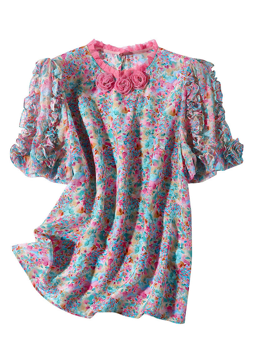 Elegant Ruffled Print Floral Button Silk Top Short Sleeve LY0092