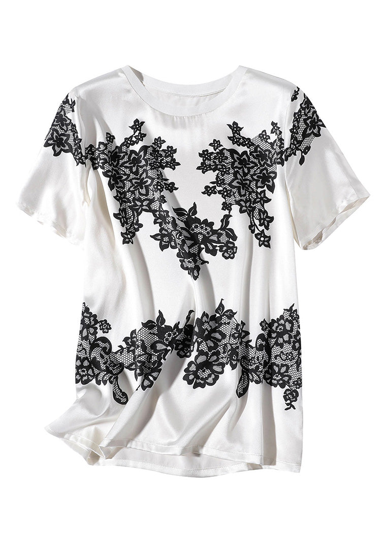 Elegant White O-Neck Print T Shirt Short Sleeve LY1044