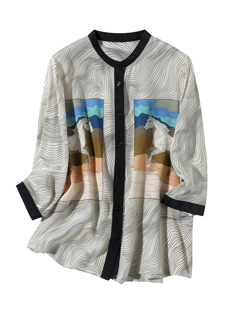 Fashion Apricot O-Neck Print Button Silk Shirt Long Sleeve LY1013