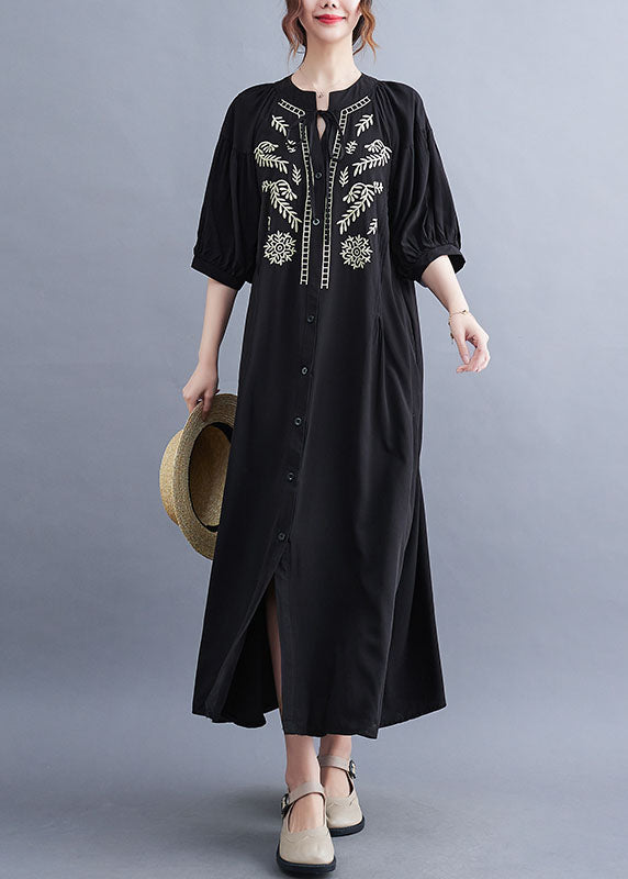 Fashion Black Embroideried Lace Up Cotton Maxi Dress Summer LY1549