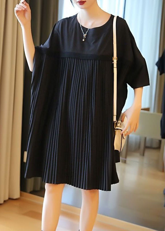 Fashion Black Oversized Patchwork Pleated Mid Dress Half Sleeve LY1404