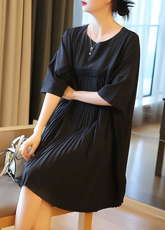 Fashion Black Oversized Patchwork Pleated Mid Dress Half Sleeve LY1404