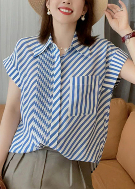 Fashion Blue Peter Pan Collar Striped Button Low High Design Silk Shirts Summer LY0365