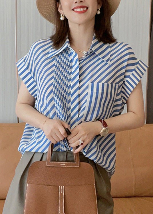Fashion Blue Peter Pan Collar Striped Button Low High Design Silk Shirts Summer LY0365