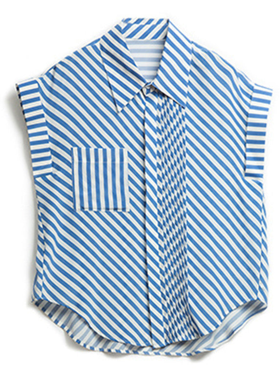 Fashion Blue Peter Pan Collar Striped Button Low High Design Silk Shirts Summer LY0365