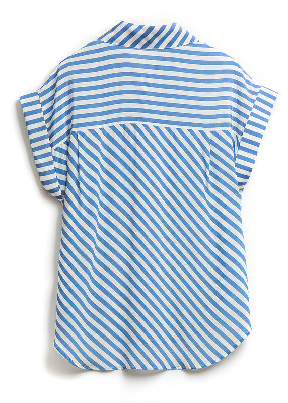Fashion Blue Peter Pan Collar Striped Button Low High Design Silk Shirts Summer LY0365