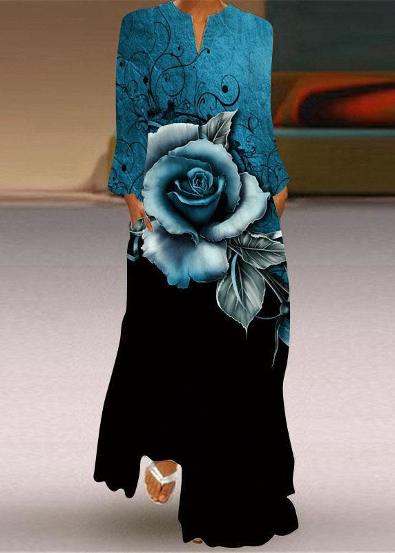 Fashion Blue V Neck Print Chiffon Ankle Dress Spring LY1926