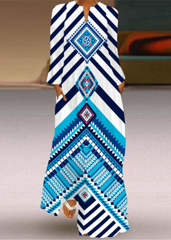 Fashion Blue V Neck Print Chiffon Ankle Dress Spring LY1926