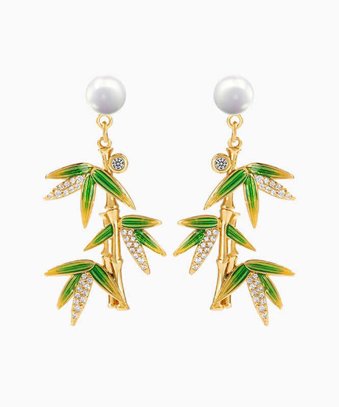 Fashion Green Overgild Zircon Pearl Bamboo Drop Earrings TW1016