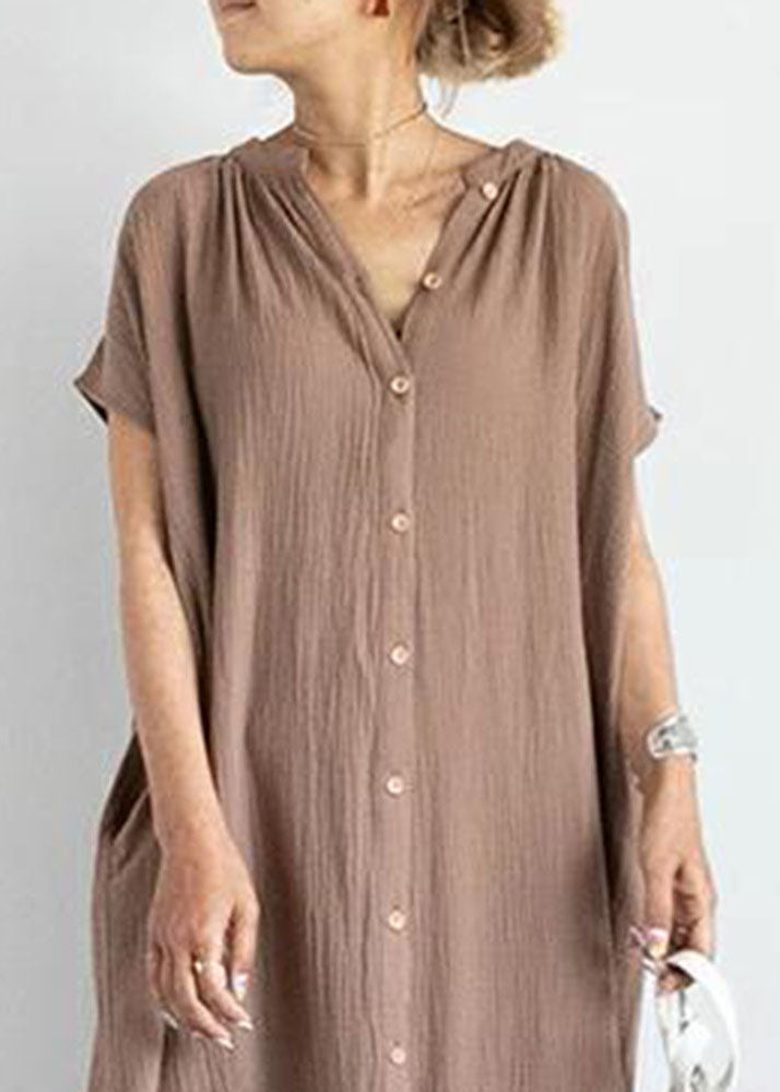 Fashion Khaki V Neck Patchwork Cotton Ankle Dresses Summer LY1366