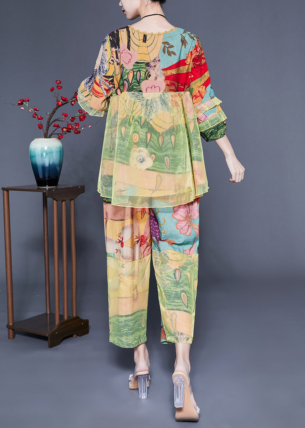 Fashion Light Green Ruffled Tulle Patchwork Print Silk Two Pieces Set Summer LC0403