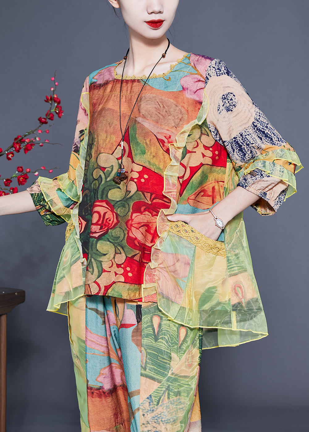 Fashion Light Green Ruffled Tulle Patchwork Print Silk Two Pieces Set Summer LC0403