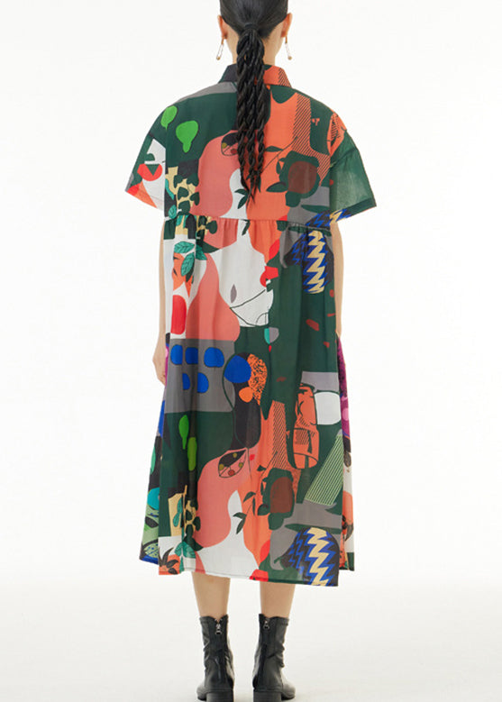 Fashion White Peter Pan Collar Print Button Cotton Long Shirt Dress Short Sleeve LY1183