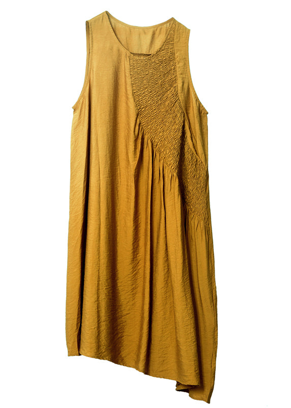 Fashion Yellow Asymmetrical Patchwork Wrinkled Cotton Dress Sleeveless LY0342