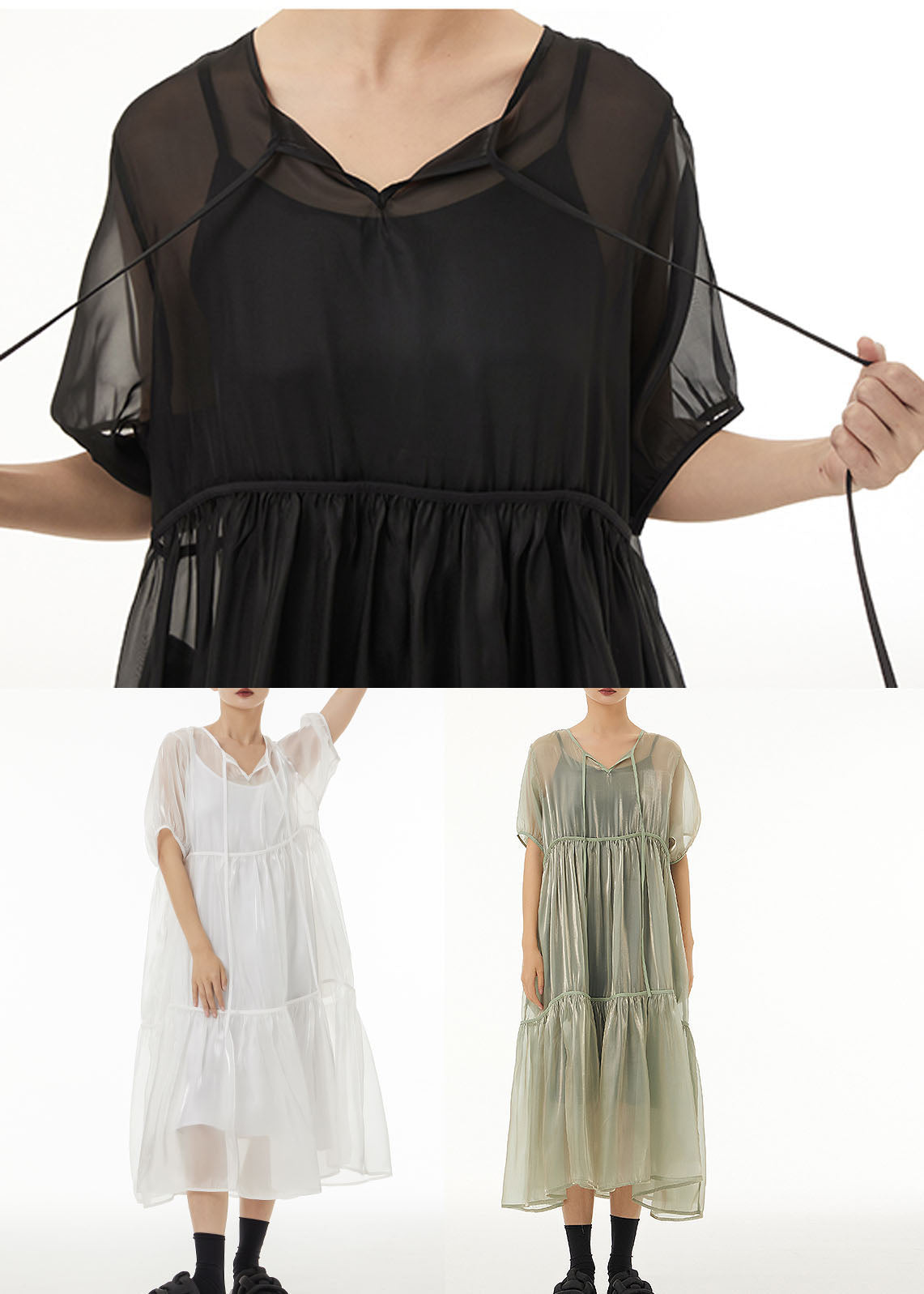 Fine Black Oversized Patchwork Tulle Holiday Dress Two-Piece Set Summer LC0148