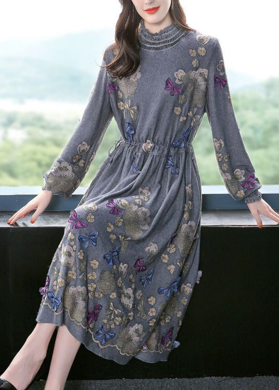 Fine Grey High Neck Embroideried Butterfly Wool Cinched Dress Spring LY0742