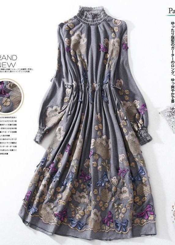 Fine Grey High Neck Embroideried Butterfly Wool Cinched Dress Spring LY0742