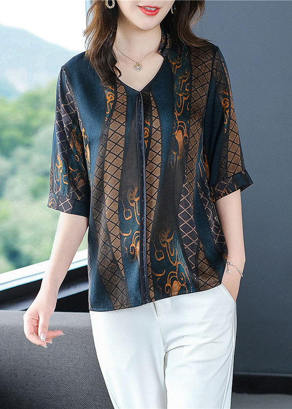 Fine Navy V Neck Print Patchwork Silk Shirt Summer LY0438