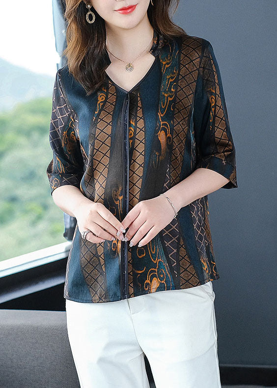 Fine Navy V Neck Print Patchwork Silk Shirt Summer LY0438